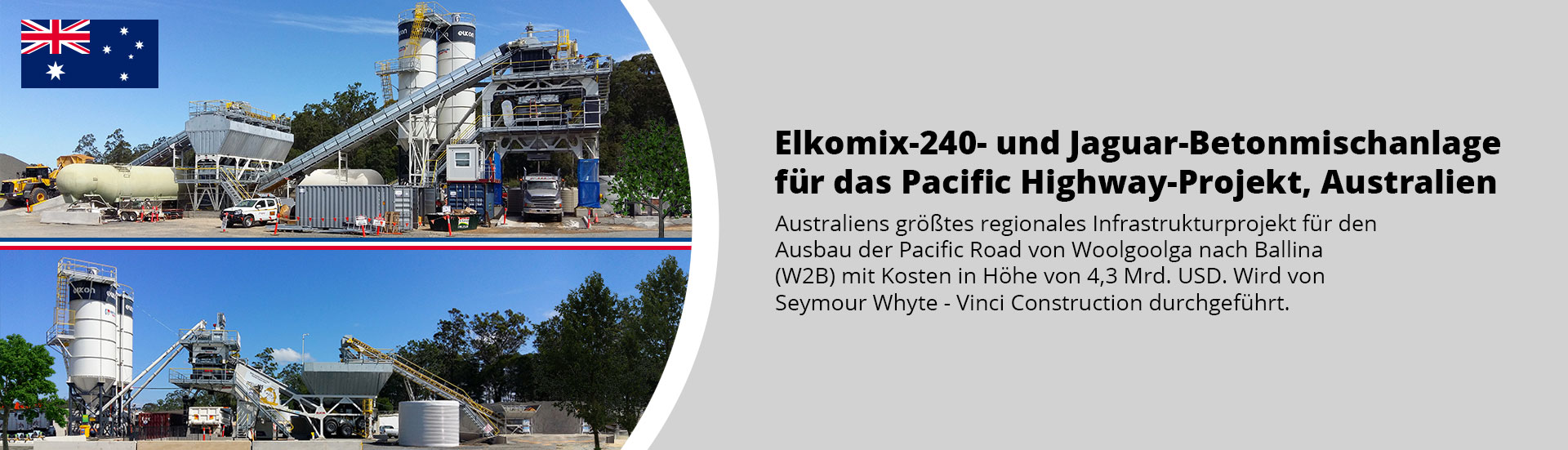 Elkomix-240- und Jaguar-Betonmischanlage für das Pacific Highway-Projekt, Australien